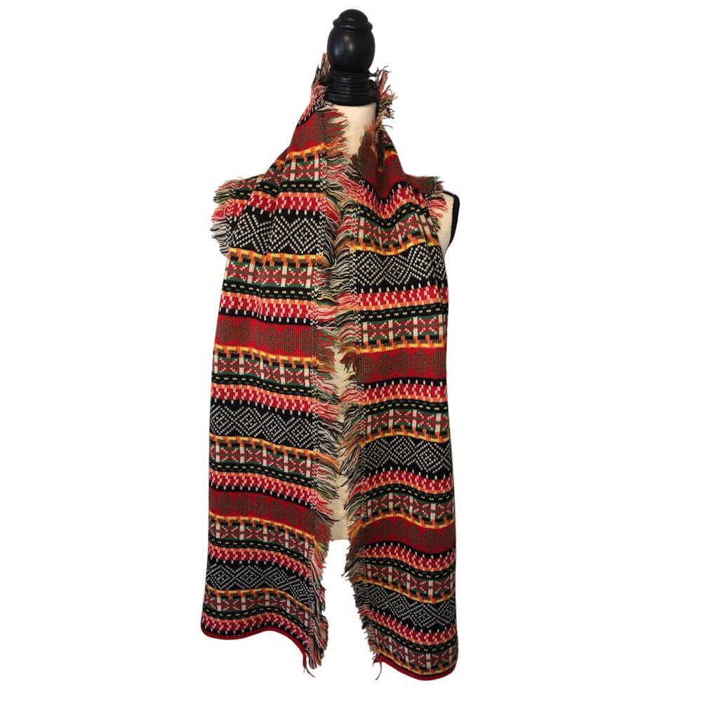 Knit Scarf Faire Isle Fringe Color Block Geometric Red Multi Reversable Long